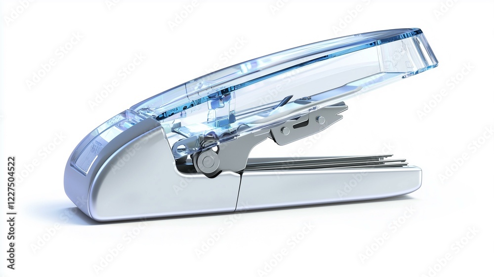 Photorealistic image of a transparent plastic stapler with metal components, isolated on a white background
Photorealistic image of a transparent plastic stapler with metal components, isolated on a white background
