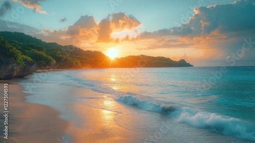 Beautiful tropical beach with golden sunset and waves hitting sandy shore line
