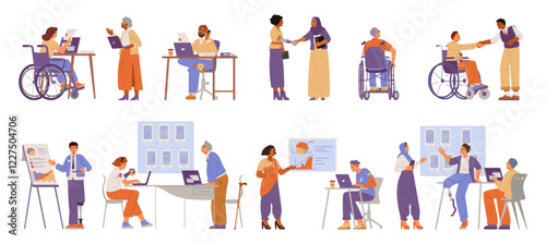 People of different races, age and gender, with disabilities working in the office flat vector illustrations set. Inclusive office concept. 