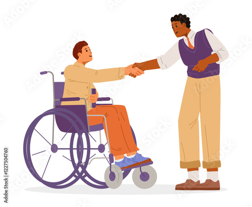 Man with disability in wheelchair shaking hands with African American colleague flat vector illustration isolated on white. Inclusive workplace concept.