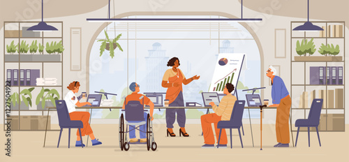 Diverse colleagues on business meeting in modern open space office flat vector illustration. People of different age, ethnicity, in wheelchair, with disability working together. Inclusive workplace co