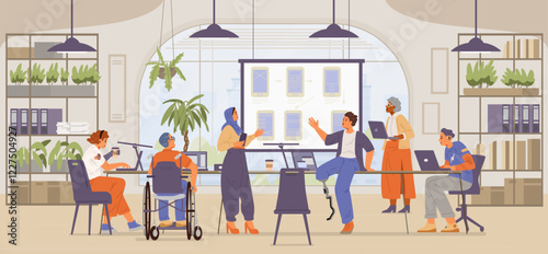 Diverse colleagues on business meeting in modern open space office flat vector illustration. People of different age, ethnicity, in wheelchair, with disability working together. Inclusive workplace co