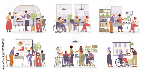 Diverse people of different age, ethnicity, gender, with disabilities working together in the office flat vector illustrations set. Inclusive workplace scenes.
