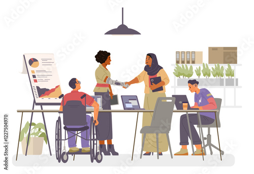 Diverse business team on a meeting flat vector illustration isolated on white. People of different age, ethnicity, gender, with disabilities working together. Inclusive workplace concept.