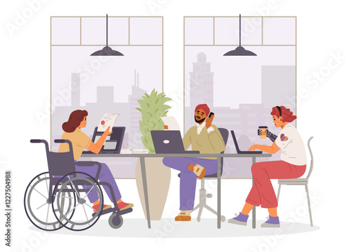 Diverse business team in the office flat vector illustration isolated on white. Inclusive workplace concept.