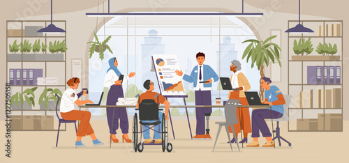 Diverse colleagues of different age, gender, ethnicity, with disabilities on a meeting in the open space office flat vector illustration. Inclusive workplace concept.