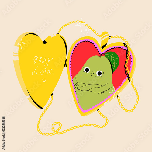 Cute vector illustration of a locket with a photo of pear character. My love memory. Fruit character. Colorful trendy mascot design. Isotated clipart. Valentine's day greeting card and poster.