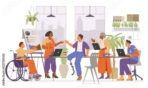 Diverse colleagues of different age, gender, ethnicity, with disabilities on a business meeting in the office flat vector illustration. Inclusive workplace concept.