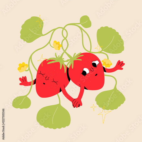 Cute strawberries couple in love illustration. Vector isolated romantic art of strawberry fruit with leaves. Colorful red green print. Valentine's day postcard and poster. Mascot design. Funny faces. 
