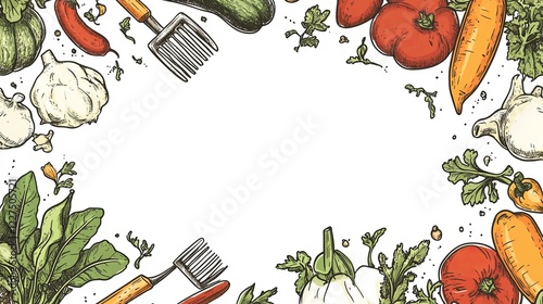 A hand-drawn doodle-style border illustration of vegetables and gardening tools, creating a playful and organic food-themed design