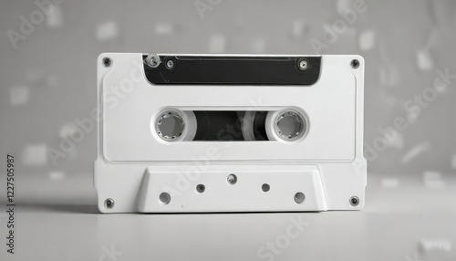 Simple design white cassette tape on neutral background, minimalism, white on white, sound system