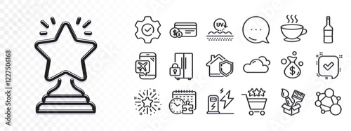 Refrigerator, Home insurance and Wine line icons for web app. Glare of light effect. Message icon. Pack of Confirmed, Money bag, Flight mode pictogram icons. Winner, Execute, Puzzle time signs. Vector