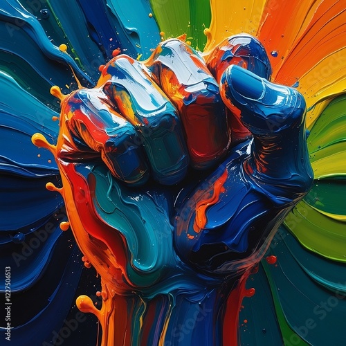 A vibrant  abstract oil painting multicolored hand.