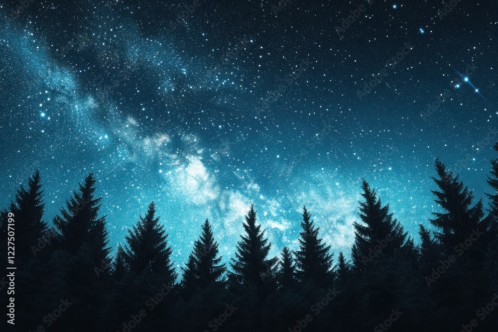 Naklejka premium A serene night sky filled with stars above a silhouette of pine trees, creating a tranquil and breathtaking view of nature.