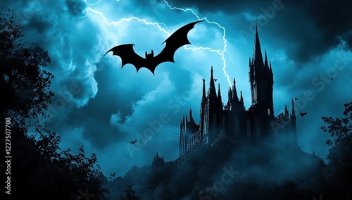 A gothic castle with lightning in the sky and bats flying, against a dark blue background photo