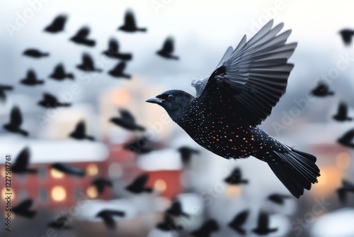 A flock of birds scattering into the sky from a calm park after a sudden noise, with feathers and wings in motion
