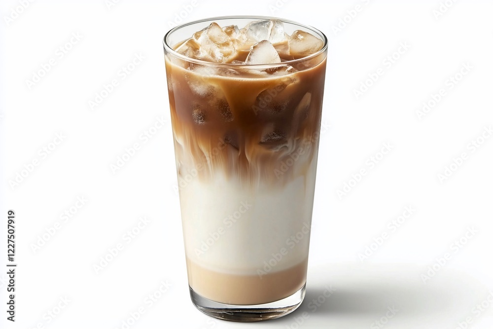 Refreshing iced coffee drink in a clear glass, showcasing layers of milk and coffee, perfect for summer Refreshing iced coffee drink in a clear glass, showcasing layers of milk and coffee, perfect for summer
