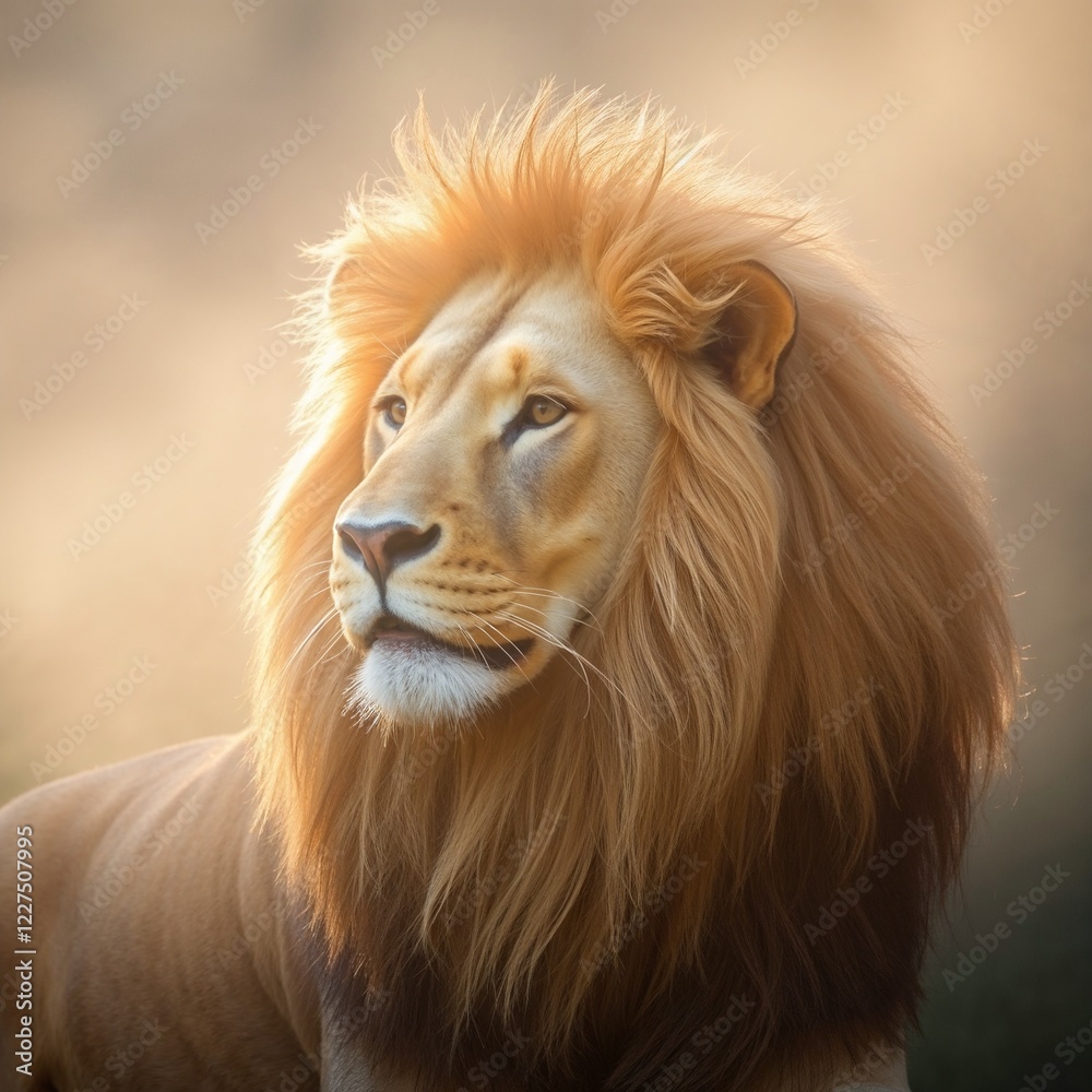 Fototapeta premium Majestic lion illuminated with soft light, showcasing a dreamy atmosphere and gentle shadows 