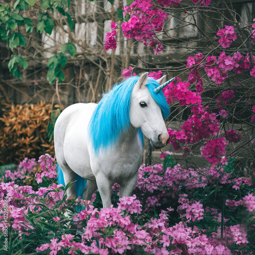 Majestic Blue-Maned Unicorn in Enchanted Garden photo