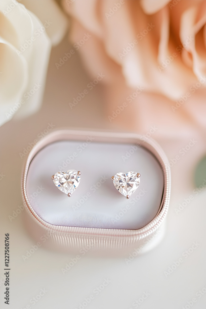 Two diamond earrings with a heart shaped design, in a satin pastel pink ring gift box, on a table with romantic modern pastel decor.