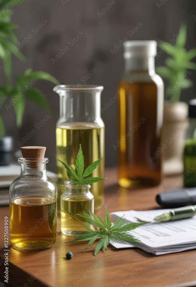 Selective focus on weed beakers and pill bottle with CBD oil on desk, chemical, hemp seeds Selective focus on weed beakers and pill bottle with CBD oil on desk, chemical, hemp seeds
