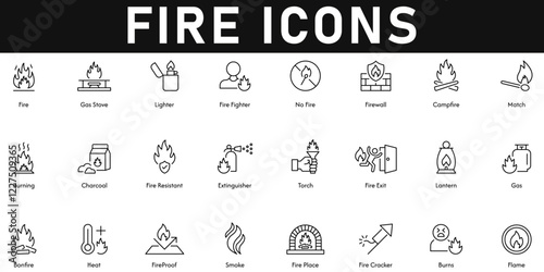 Fire Icons vector illustration with thin line editable stroke containing gas stove, lighter, no fire, firewall, flame, burns, smoke, heat, bonfire, gas, lantern, extinguisher, charcoal, fire exit.