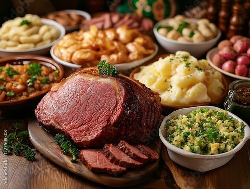 A table filled with traditional Irish dishes like corned beef, cabbage, and potatoes for St Patricks Day dinner photo