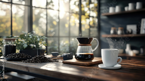 Freshly brewed coffee in cozy setting with beans and plants