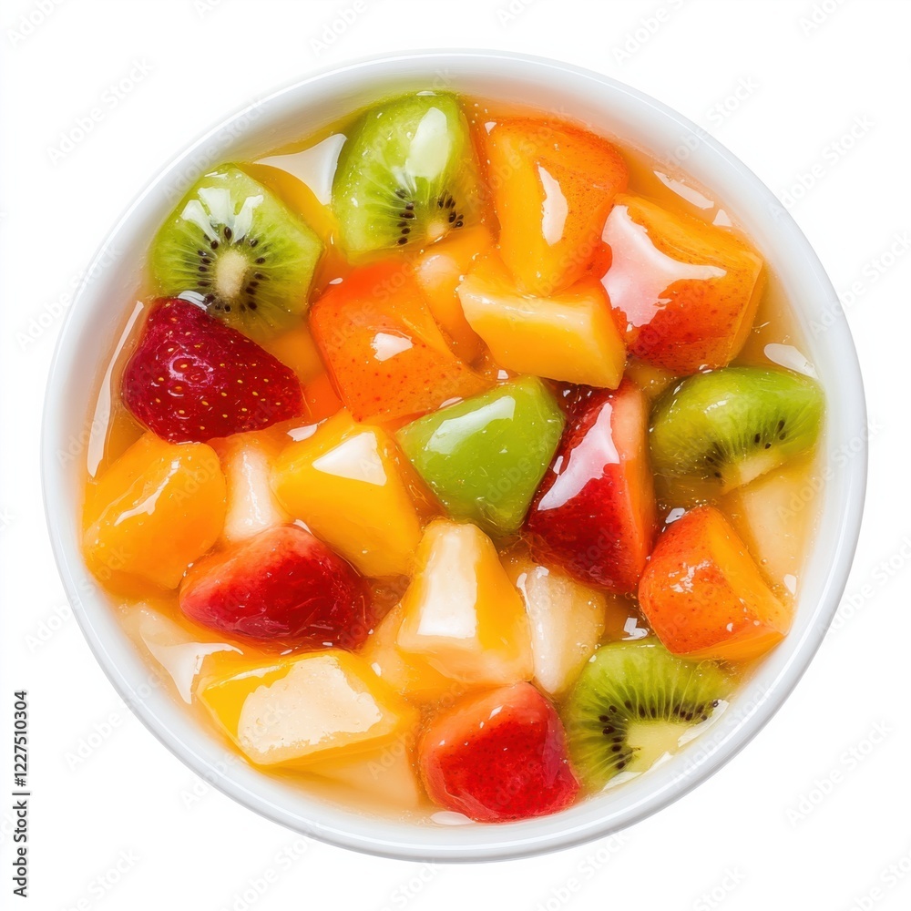 A vibrant bowl of mixed fruit salad with honey drizzle, isolated white background, surrealism art style A vibrant bowl of mixed fruit salad with honey drizzle, isolated white background, surrealism art style