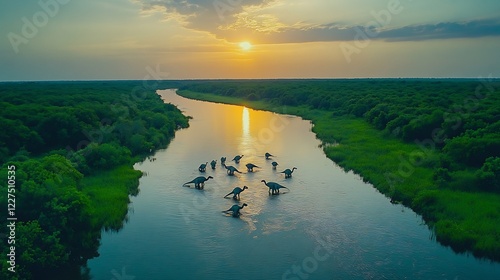 Europasaurus Herd Wading Through River Surrounded by Greenery photo