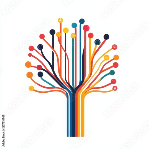 A colorful tree design featuring vibrant lines and dots, representing growth and connectivity in a modern, abstract style.