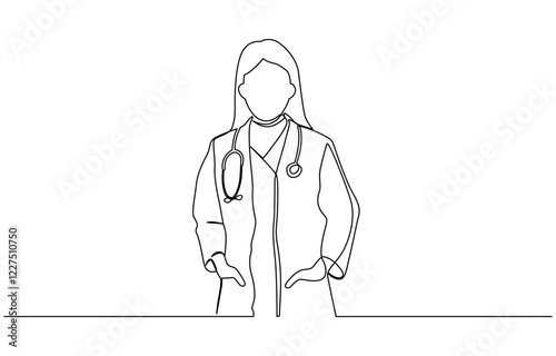 Single continuous line drawing a female doctor standing confidently with her arms crossed, One continuous line drawing female doctor with stethoscope.
