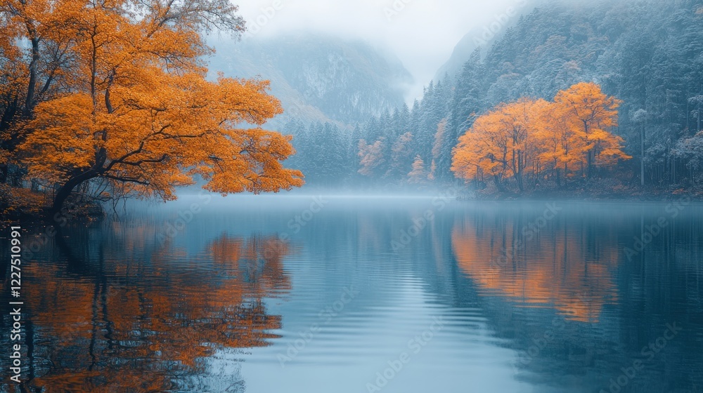 Fototapeta premium Misty lake scene with vibrant orange autumn trees and reflections in the water