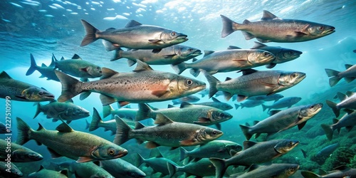 School of salmon swimming in ocean with slimy water, waves, ocean, salmon, slimy