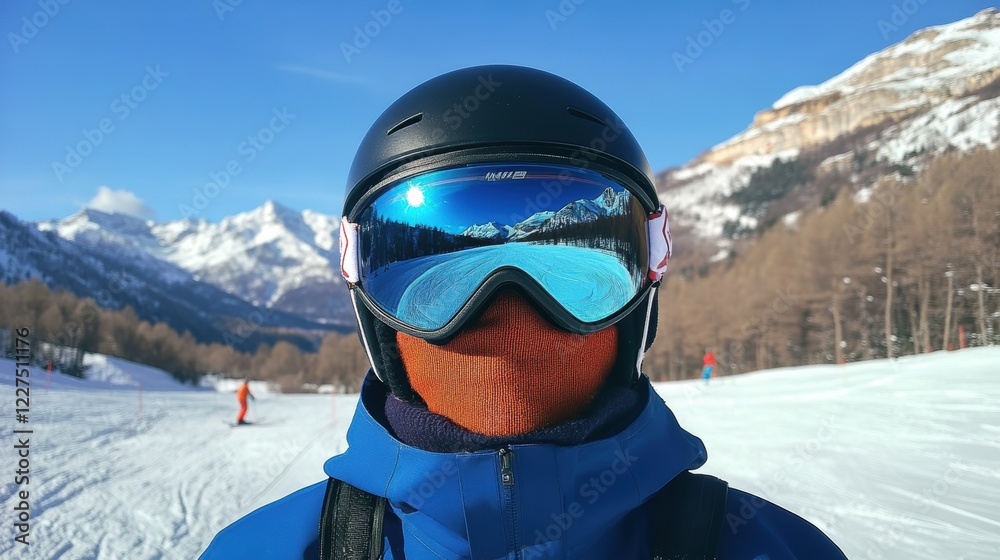 Portrait of skier in snow field in winter season.