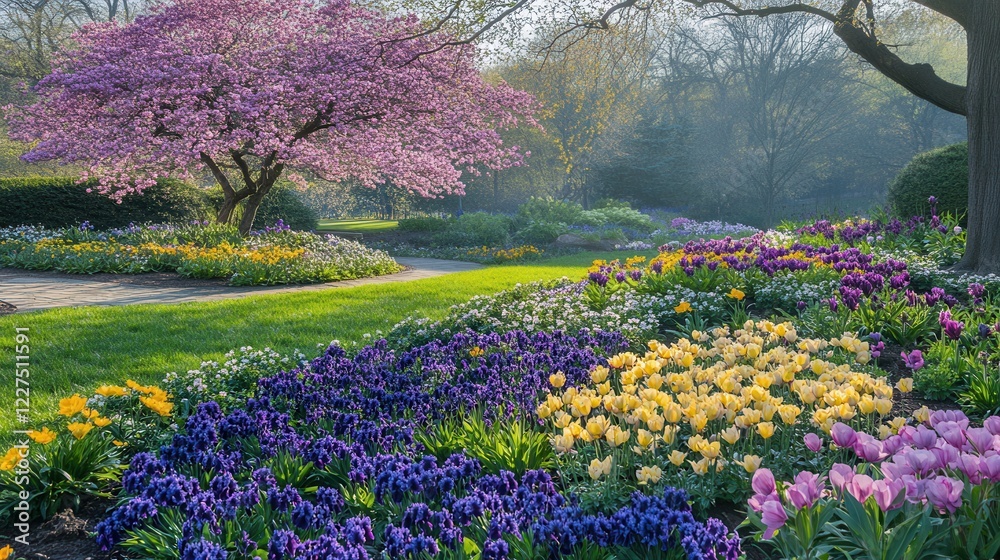 Fototapeta premium A serene spring garden filled with blooming flowers in shades of pink, purple, and yellow, including cherry blossoms and violets