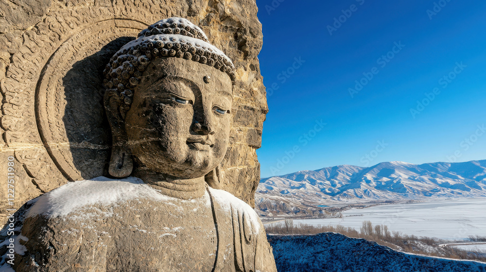 Obraz premium Expansive View of Colossal Buddha Carving Surrounded by Natural Beauty and Mountain Landscape