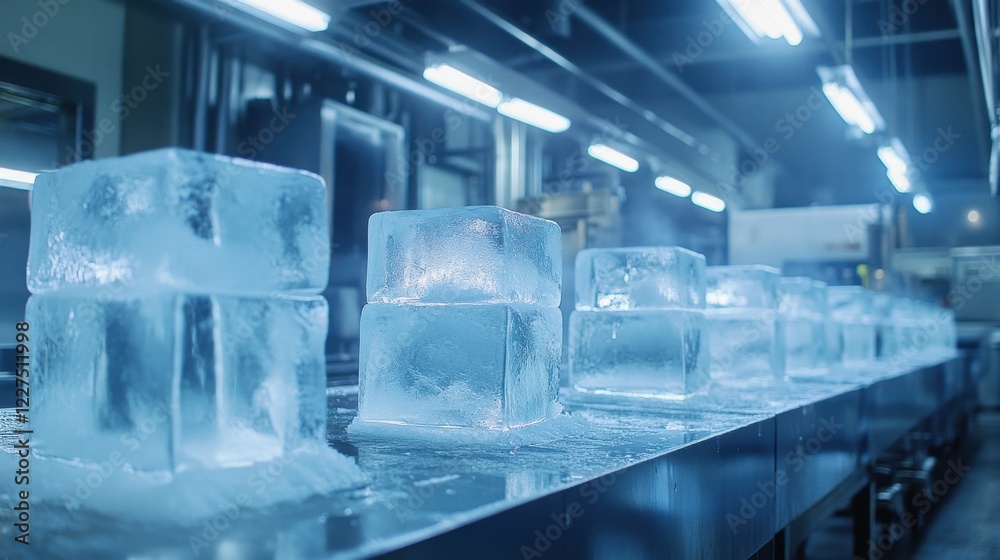Fototapeta premium Clear ice cubes arranged neatly on a cooling surface in a commercial kitchen.