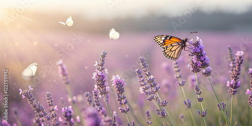 Colorful butterflies in lavender field.