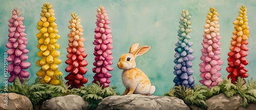 Rabbit among rainbow lupines, rocks, sky. Springtime card photo