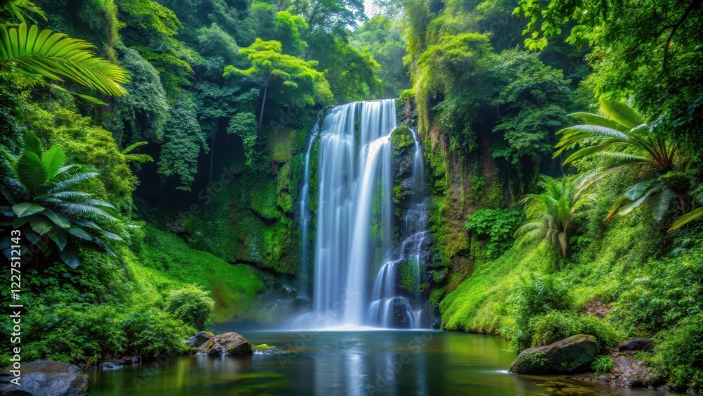 Fototapeta premium Waterfall in midst of dense foliage, lush greenery, nature, lush greenery, nature, canyon, forest, landscape,waterfall