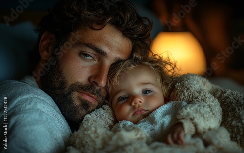 Newborn Child Nestled on Parent s Chest in Soft Warm Glow of Bedside Lamp photo