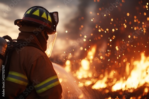 A heroic firefighter spraying water onto a blazing inferno, with the flames and smoke creating a visually intense scene