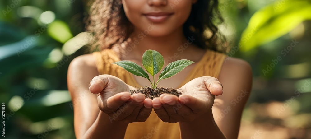Young Woman Holding A Delicate Green Plant in Her Hands, Sustainable Living And Environmentalism. Young Woman Holding A Delicate Green Plant in Her Hands, Sustainable Living And Environmentalism.