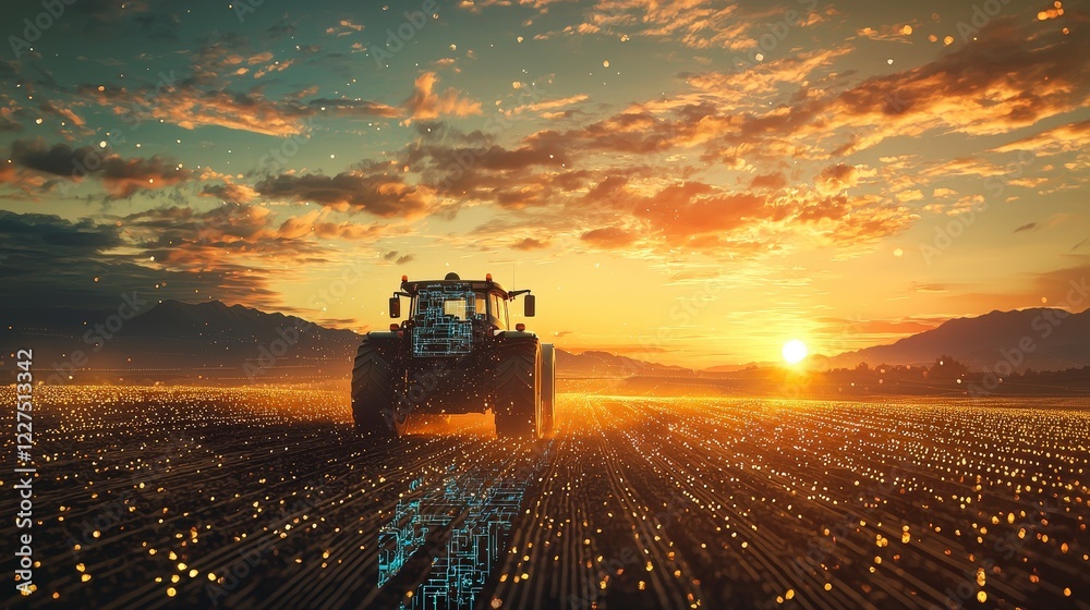Fototapeta premium Sunset over a tractor working in a golden field with dramatic clouds