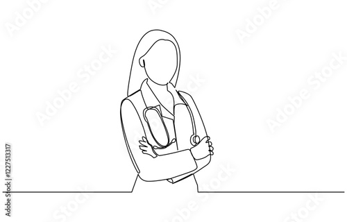 Single continuous line drawing a female doctor standing confidently with her arms crossed, One continuous line drawing female doctor with stethoscope.