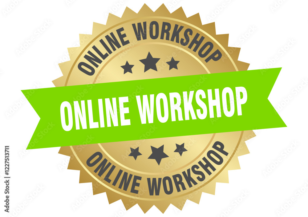 Obraz premium online workshop. online workshop round green and gold label isolated on transparent background