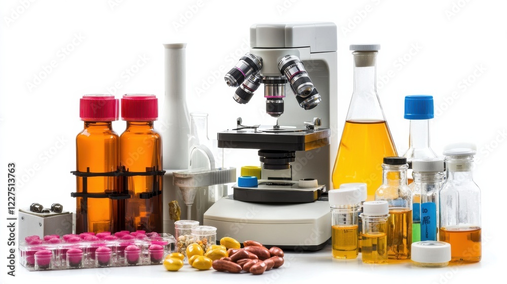 Laboratory setup featuring a microscope surrounded by various glassware and colorful liquids Laboratory setup featuring a microscope surrounded by various glassware and colorful liquids