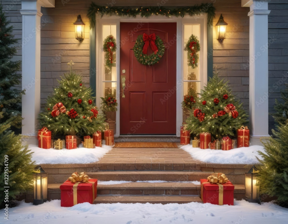 Fototapeta premium Red and gold Christmas present wreaths placed strategically around the base of a large evergreen tree on a snowy porch, festive, wreaths, home