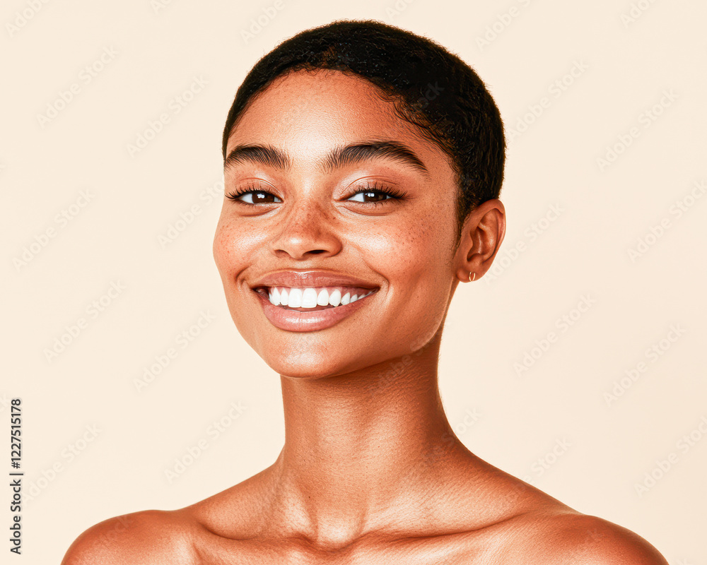 Smiling woman portrait studio light background close-up happiness Smiling woman portrait studio light background close-up happiness